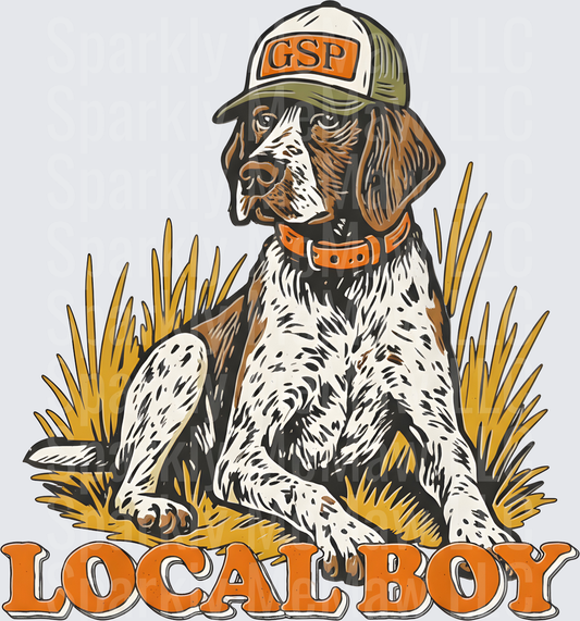 German Shorthaired Pointer GSP Local Boy Hunting Dog Wearing Trucker Hat uv dtf decal