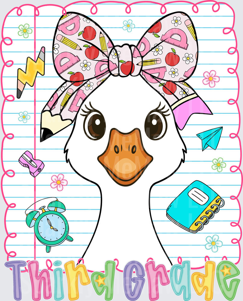 Cute Duck with School Supplies Bow Third Grade DTF Transfer for Fabric