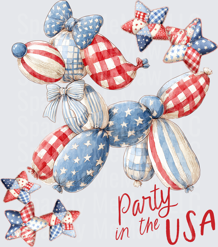 Patriotic Balloon Animals with Stars Stripes and Party in the USA Text UV DTF Decal