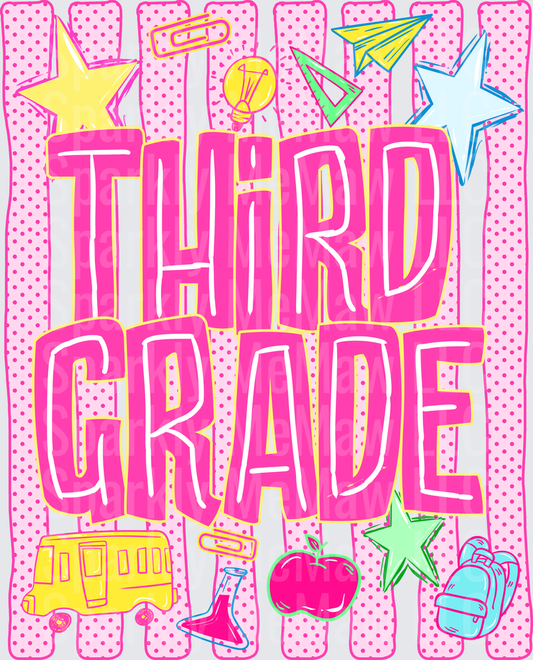 Third Grade School Year DTF Transfer Design with Apple Stars Paper Airplane and School Bus Elements