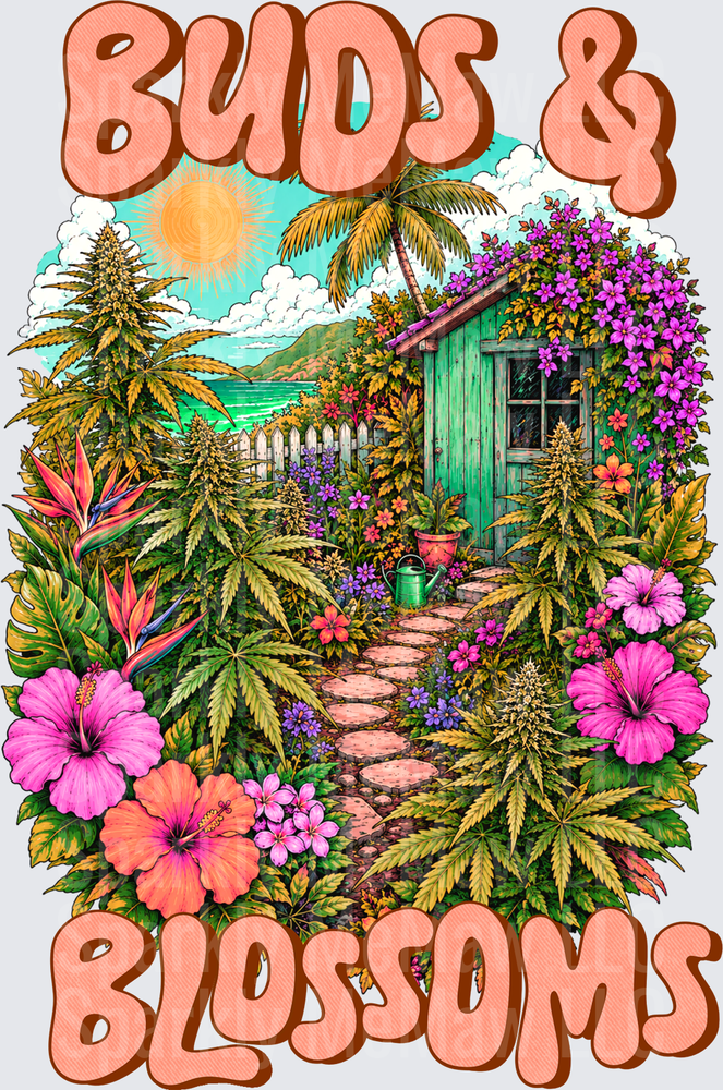 Buds & Blossoms Tropical Cannabis Garden Cottage Retro Groovy UV DTF Decal