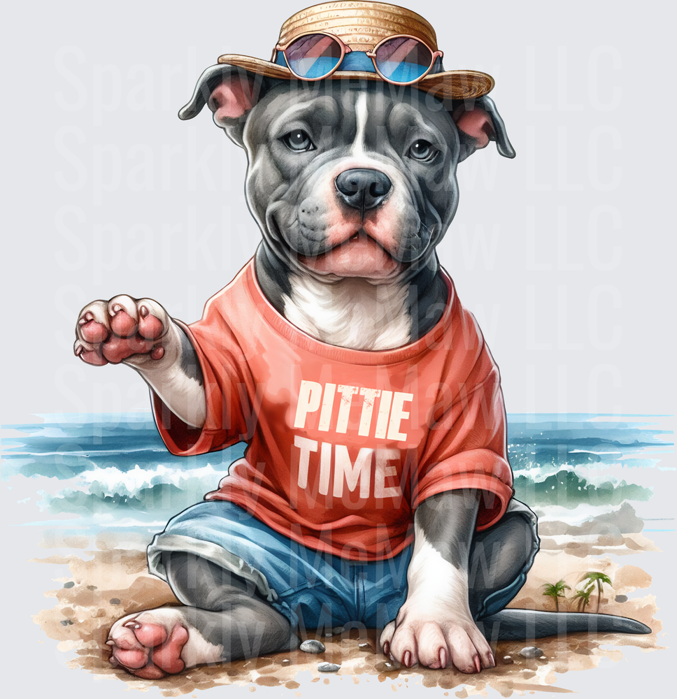 Pittie Time Beach Vibes Pitbull Dog with Hat and Sunglasses UV DTF Decal