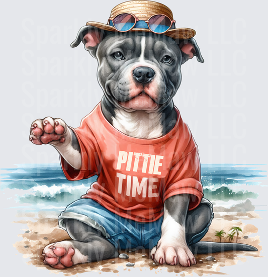Pittie Time Beach Vibes Pitbull Dog with Hat and Sunglasses UV DTF Decal