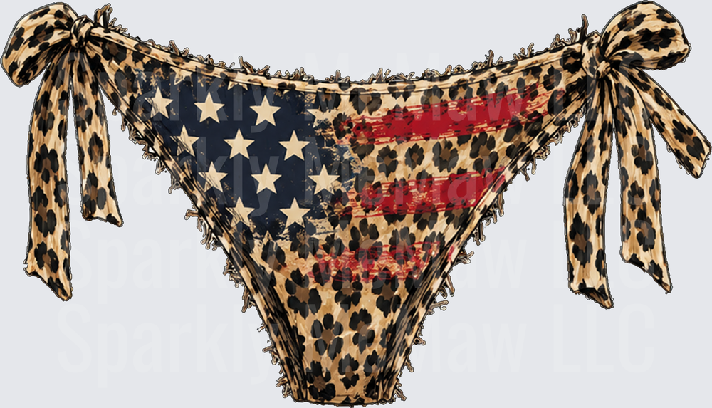 Patriotic Leopard Print American Flag Bikini Bottom with Fringe and Bow Ties DTF Transfer for Fabric