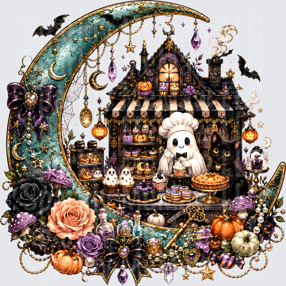 Cute Ghost Baker Halloween Bakery Shop Crescent Moon Witchy Cottage with Black Cat Pumpkins and Spooky Treats UV DTF Decal