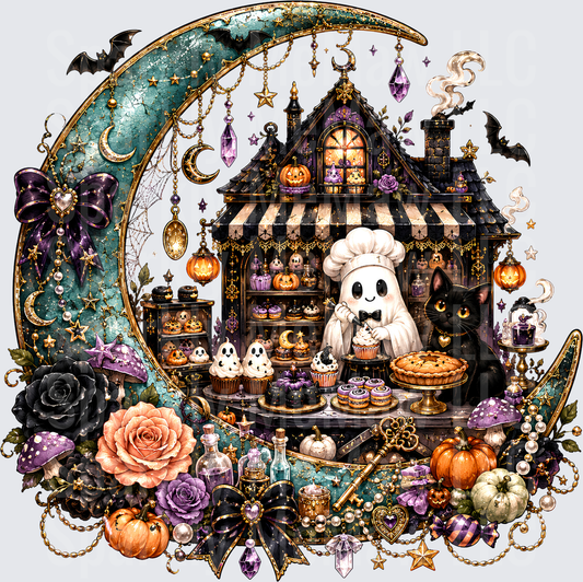 Cute Ghost Baker Halloween Bakery Shop Crescent Moon Witchy Cottage with Black Cat Pumpkins and Spooky Treats UV DTF Decal