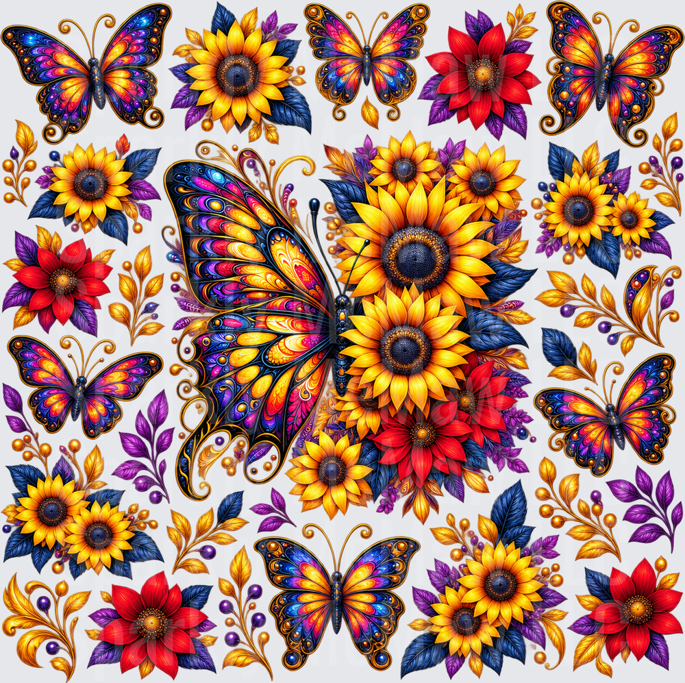 Vibrant Butterflies Sunflowers Sheet This is a 10X10 UV DTF Full Sheet
