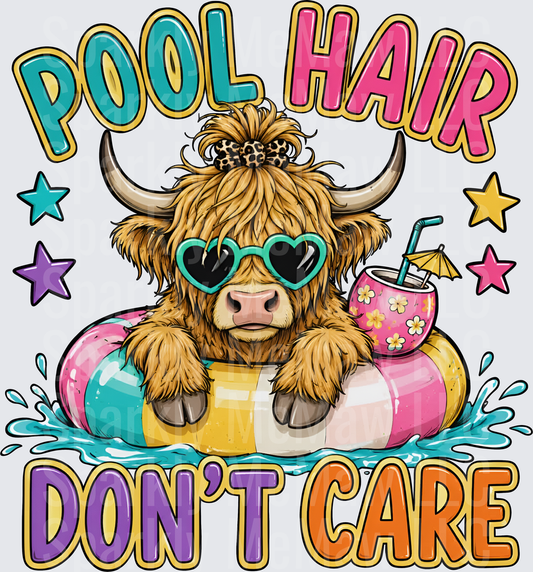 Pool Hair Don't Care Highland Cow With Heart Sunglasses Floating In Pool Ring UV DTF Decal