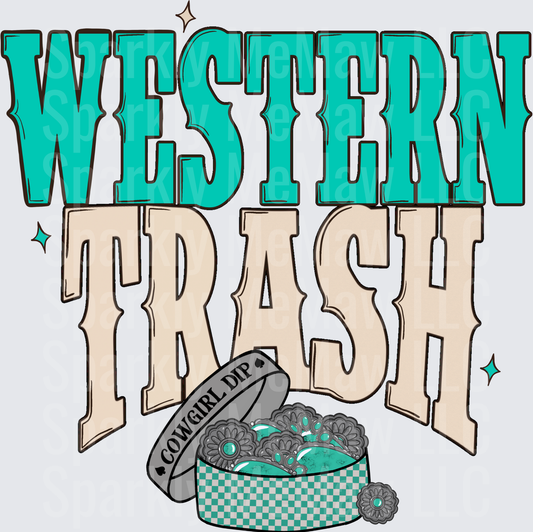 Western Trash Cowgirl Dip Can with Teal Typography UV DTF Decal