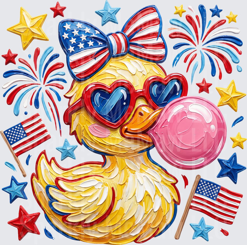 Patriotic Duck with American Flag Bow and Bubble Gum Fourth of July Fireworks Stars DTF Transfer for Fabric