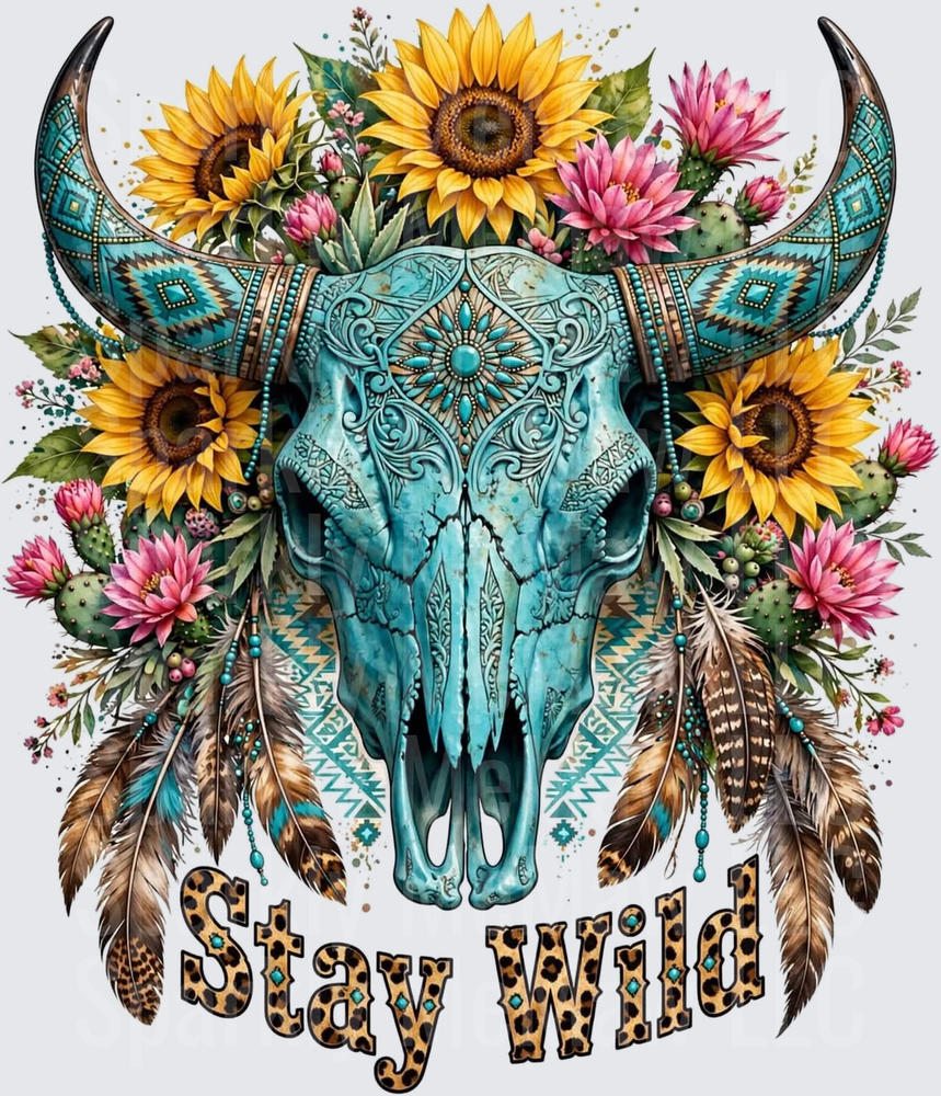 Turquoise Boho Bull Skull Stay Wild UV DTF Decal