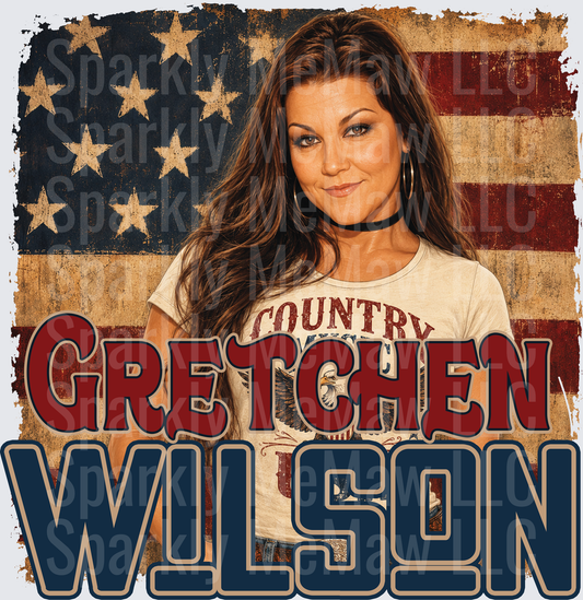 Gretchen Wilson Country Music Star Portrait with Vintage American Flag Background DTF Transfer for Fabric