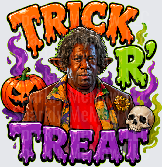 Trick R Treat Halloween Elf Ears Character with Jack-O-Lantern and Skull Spooky Holiday Design DTF Transfer (fabrics)