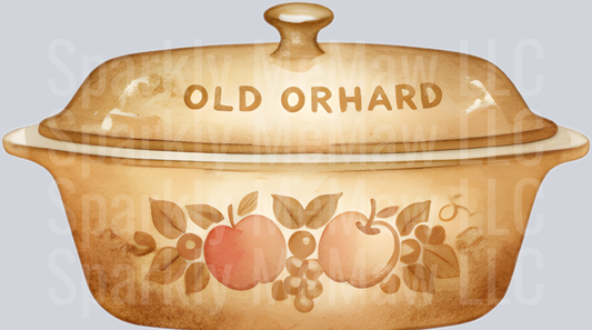 Vintage Old Orchard Casserole Dish with Fruit Pattern UV DTF Decal