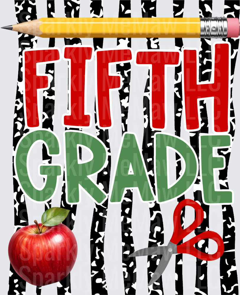 Fifth Grade School Year DTF Transfer with Yellow Pencil Red Apple and Scissors on Black White Abstract Background