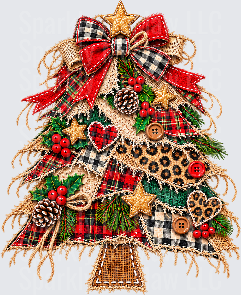 Rustic Patchwork Christmas Tree DTF Transfer for Fabrics