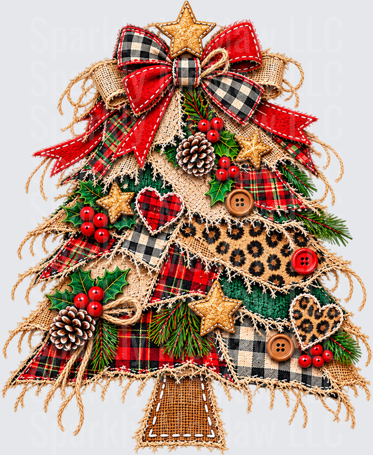 Rustic Patchwork Christmas Tree DTF Transfer for Fabrics