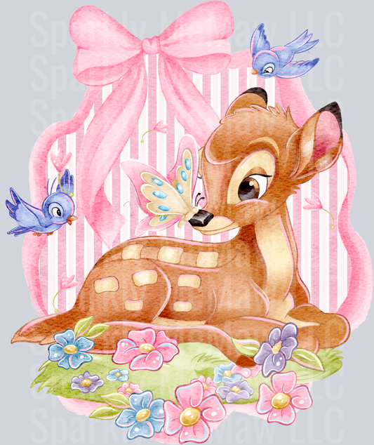 Bambi with Bluebirds and Butterfly Pink Bow Floral Scene UV DTF Decal