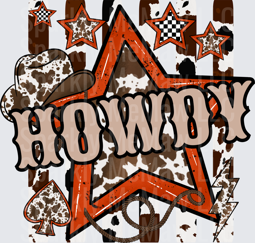 Western Howdy Star Design with Cow Print and Playing Card Spade UV DTF Decal