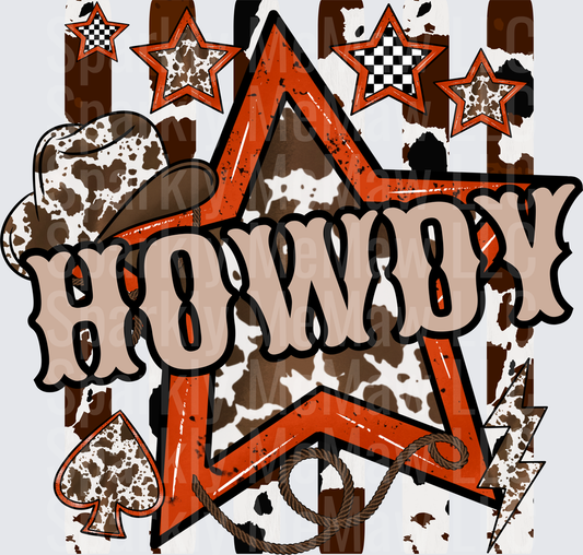 Western Howdy Star Design with Cow Print and Playing Card Spade UV DTF Decal