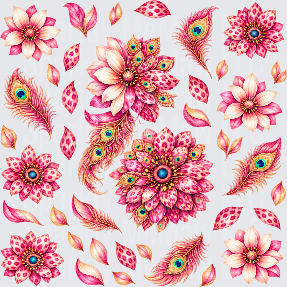 Pink Leopard Peacock Flowers is a 10X10 uv dtf full sheet