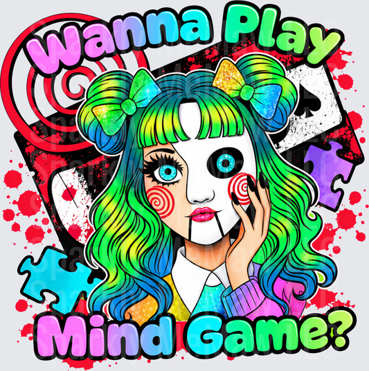 Wanna Play Mind Game? Creepy Doll Girl Holding Jigsaw Mask Rainbow Hair Horror Anime DTF Transfer for Fabrics