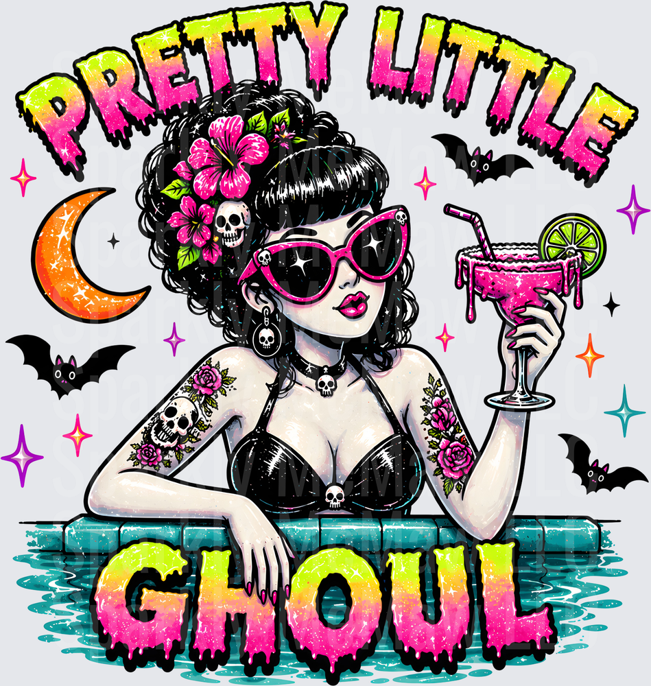 Pretty Little Ghoul Pin-Up Girl with Cocktail and Skull Tattoos UV DTF Decal