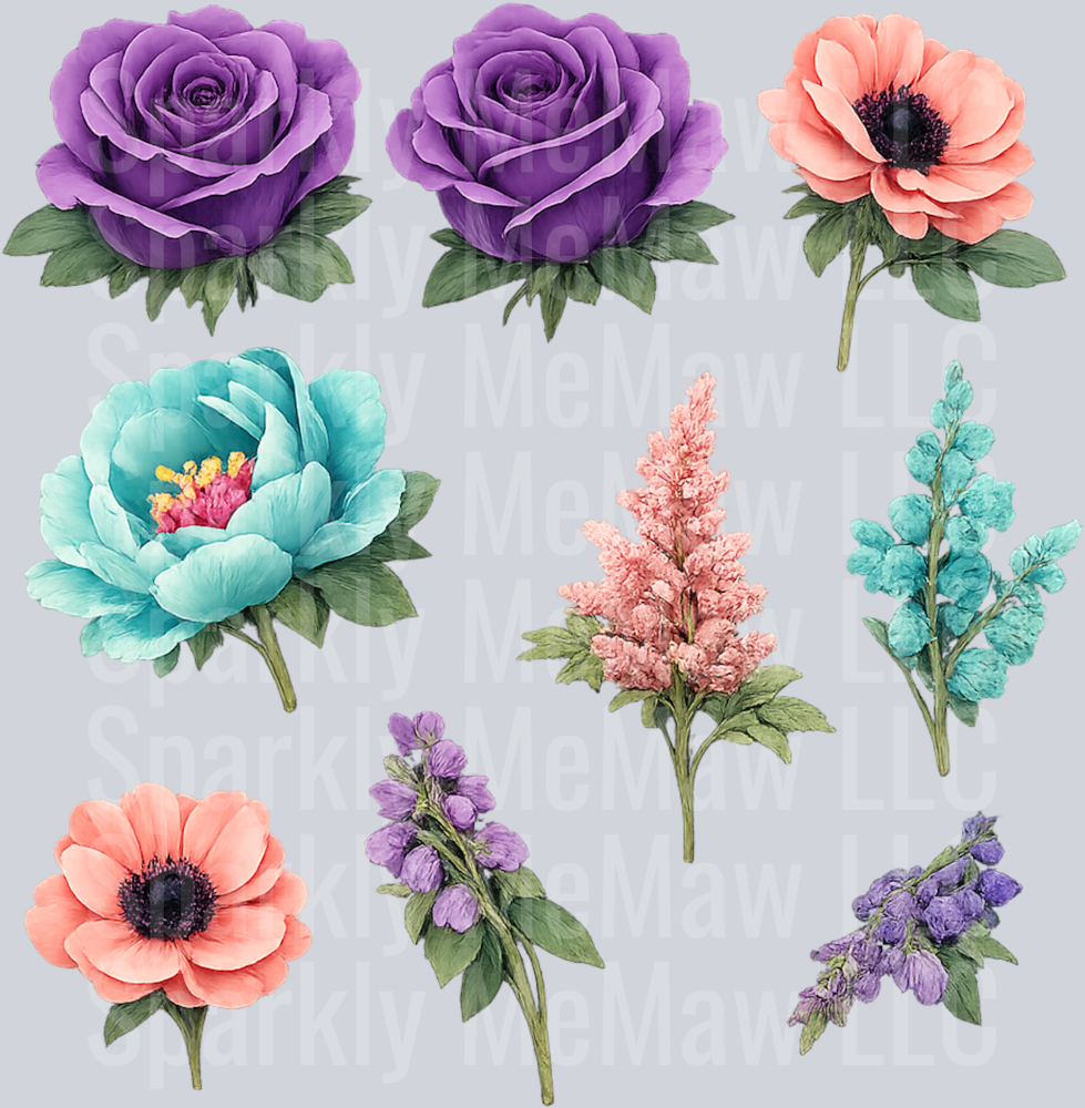 Purple and Teal Flowers UV DTF 10x10 Element Sheet