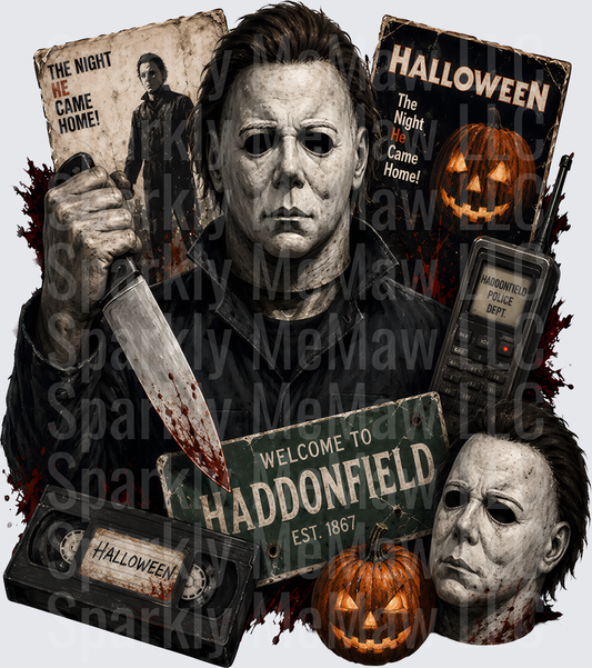 Michael Myers Halloween Welcome To Haddonfield Collage With Bloody Knife VHS Tape And Haddonfield Police Radio DTF Transfer for fabrics
