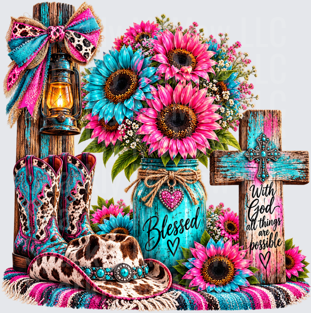 Blessed Western Sunflower Faith Scene DTF Transfer for Fabrics