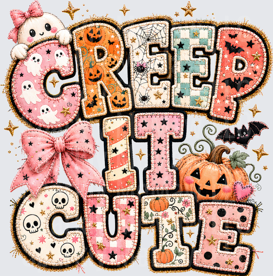 Creep It Cute Halloween Patchwork Letter Design with Ghosts Pumpkins Bats and Pink Bow DTF Transfer for Fabrics