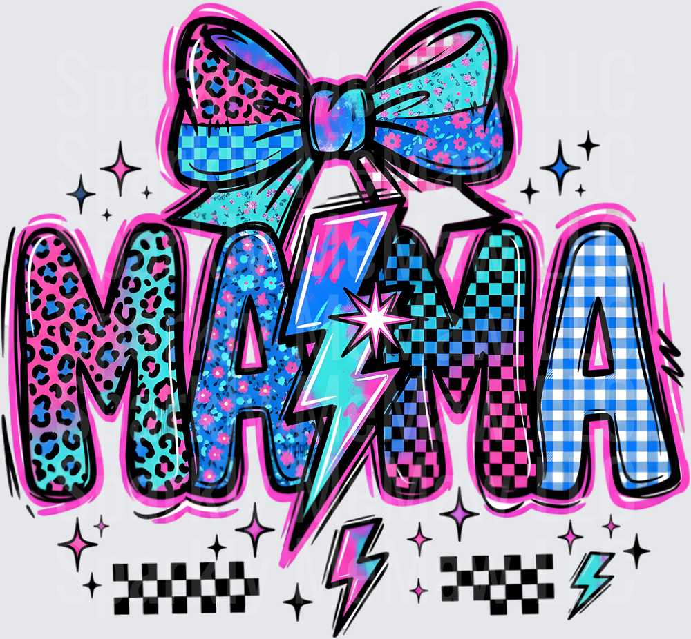 MAMA Lightning Bolt Bow Leopard Print Checkered Pattern UV DTF Decal
