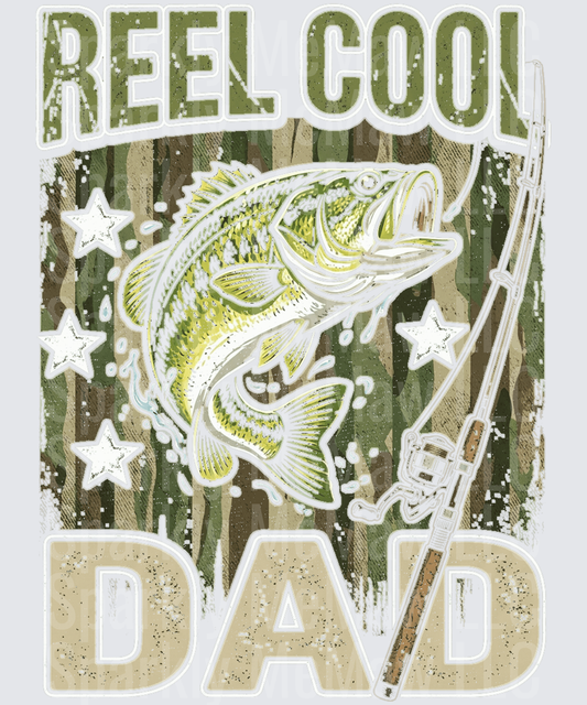 Reel Cool Dad Fishing Bass with Rod and Stars Camouflage Design UV DTF Decal