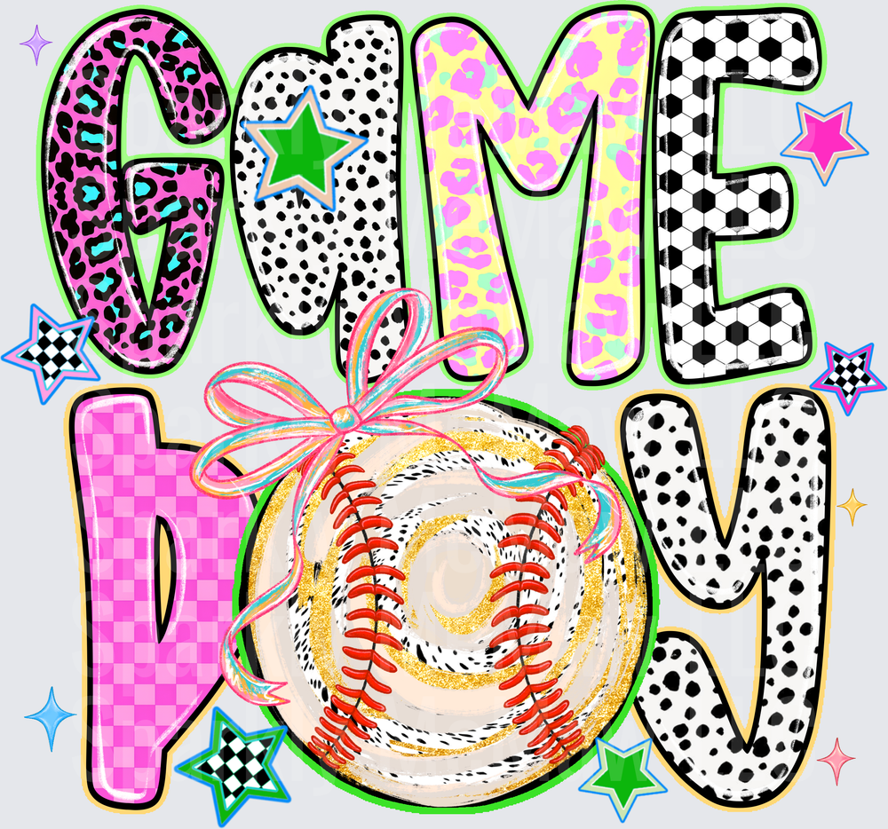 Game Day Baseball Mom DTF Heat Transfer Design with Colorful Leopard Print and Polka Dot Letters