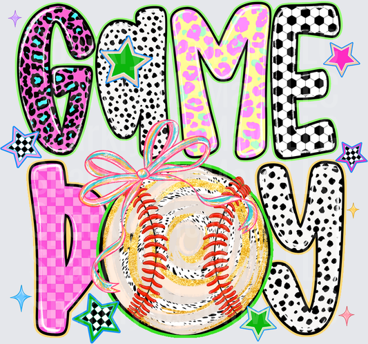 Game Day Baseball Mom DTF Heat Transfer Design with Colorful Leopard Print and Polka Dot Letters