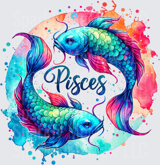 Pisces Zodiac Watercolor Fish DTF Transfer for Fabrics