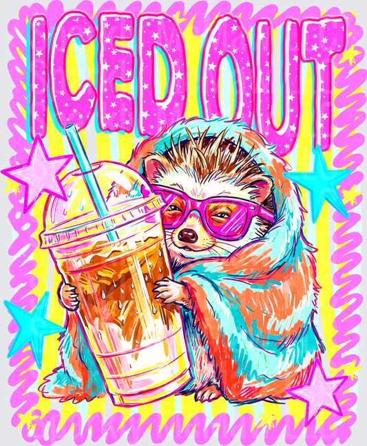 Iced Out Cool Hedgehog with Pink Sunglasses Holding Iced Coffee Colorful Retro Pop Art DTF Transfer for Fabrics
