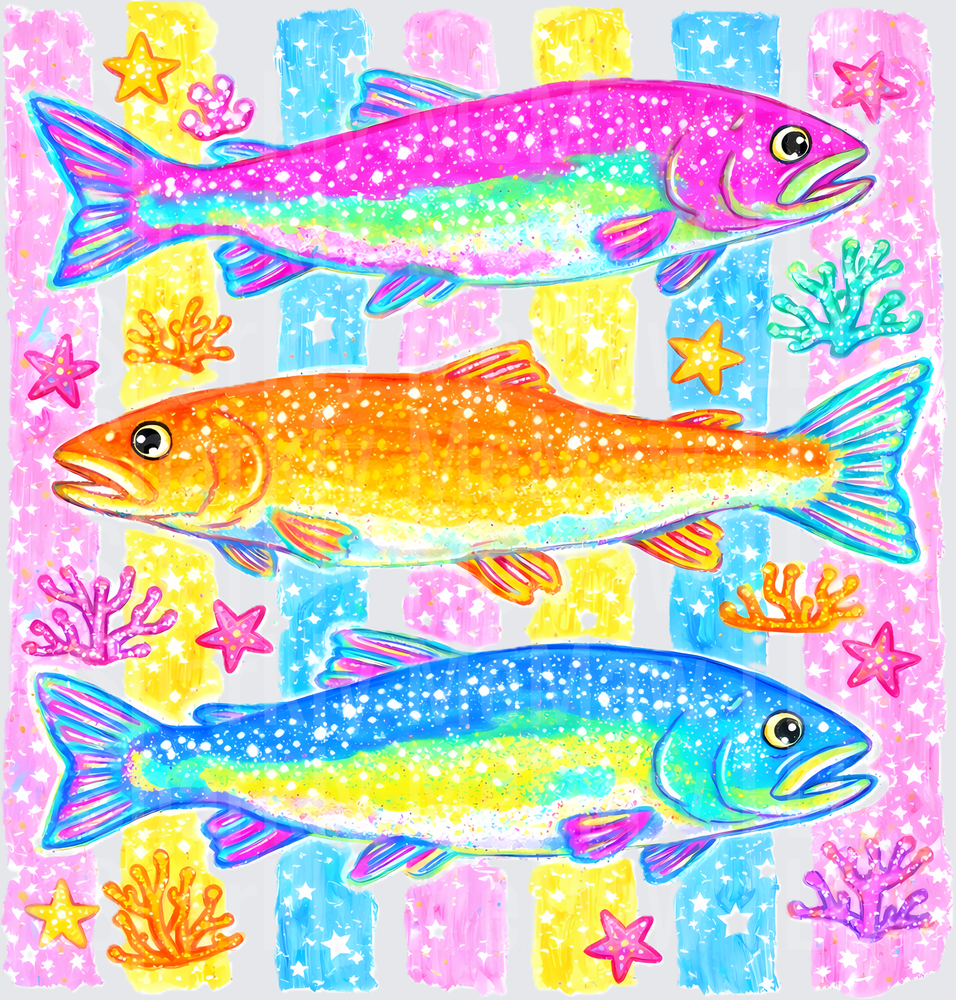 Rainbow Glitter Fish Trio with Coral and Starfish UV DTF Decal