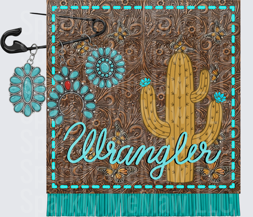 Wrangler Western Tooled Leather Style Cactus with Turquoise Concho and Fringe DTF Transfer for Fabric