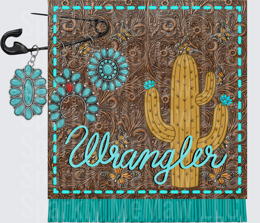 Wrangler Western Tooled Leather Style Cactus with Turquoise Concho and Fringe DTF Transfer for Fabric