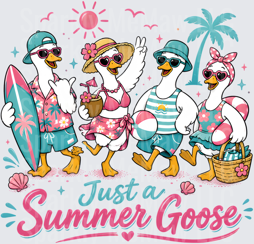 Just a Summer Goose UV DTF Decal - Four Cute Geese in Beach Vacation Outfits