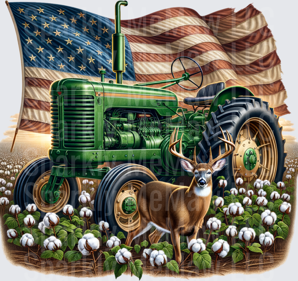 Green Vintage Tractor White-Tailed Deer Cotton Field American Flag UV DTF Decal