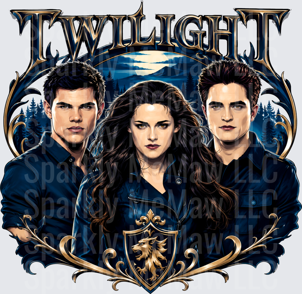 Twilight Bella Edward Jacob Love Triangle Gold Crest Moonlit Forest Design DTF Transfer for fabrics