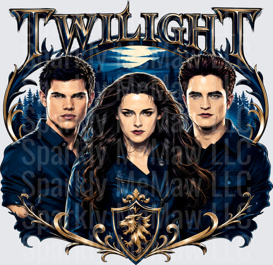 Twilight Bella Edward Jacob Love Triangle Gold Crest Moonlit Forest Design DTF Transfer for fabrics
