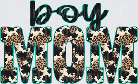 Boy Mom Leopard and Cowhide Print Teal Outline UV DTF Decal