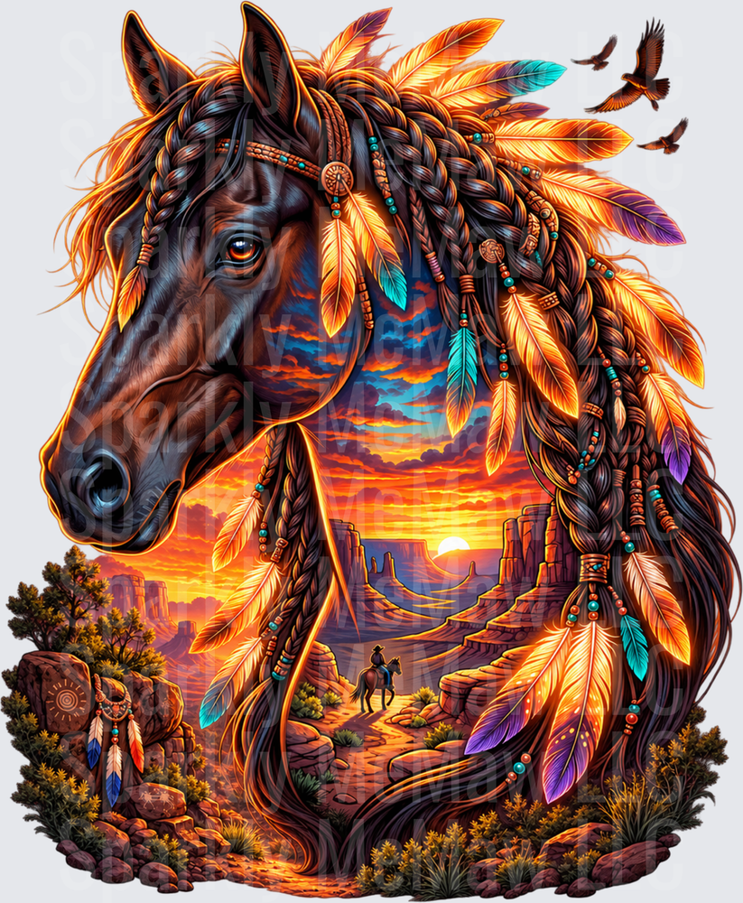 Majestic Native Horse Sunset this is a UV DTF Decal
