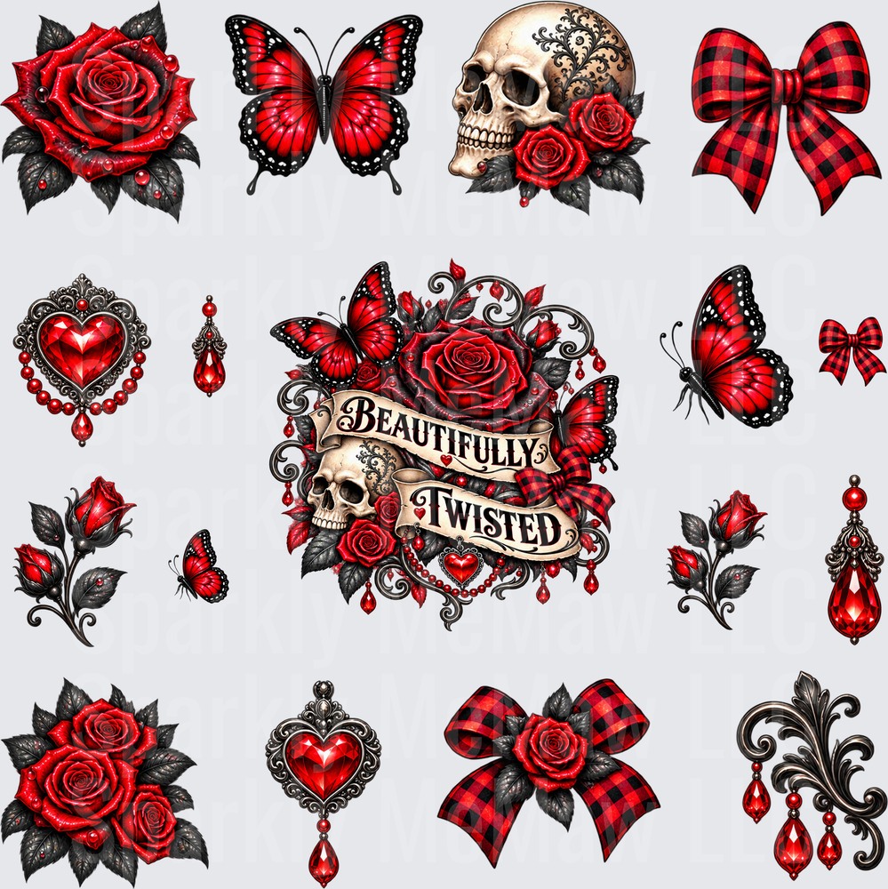 Beautifully Twisted Gothic Red Rose Bundle – this is a 10 inch cut and stick UV Decal Sheet