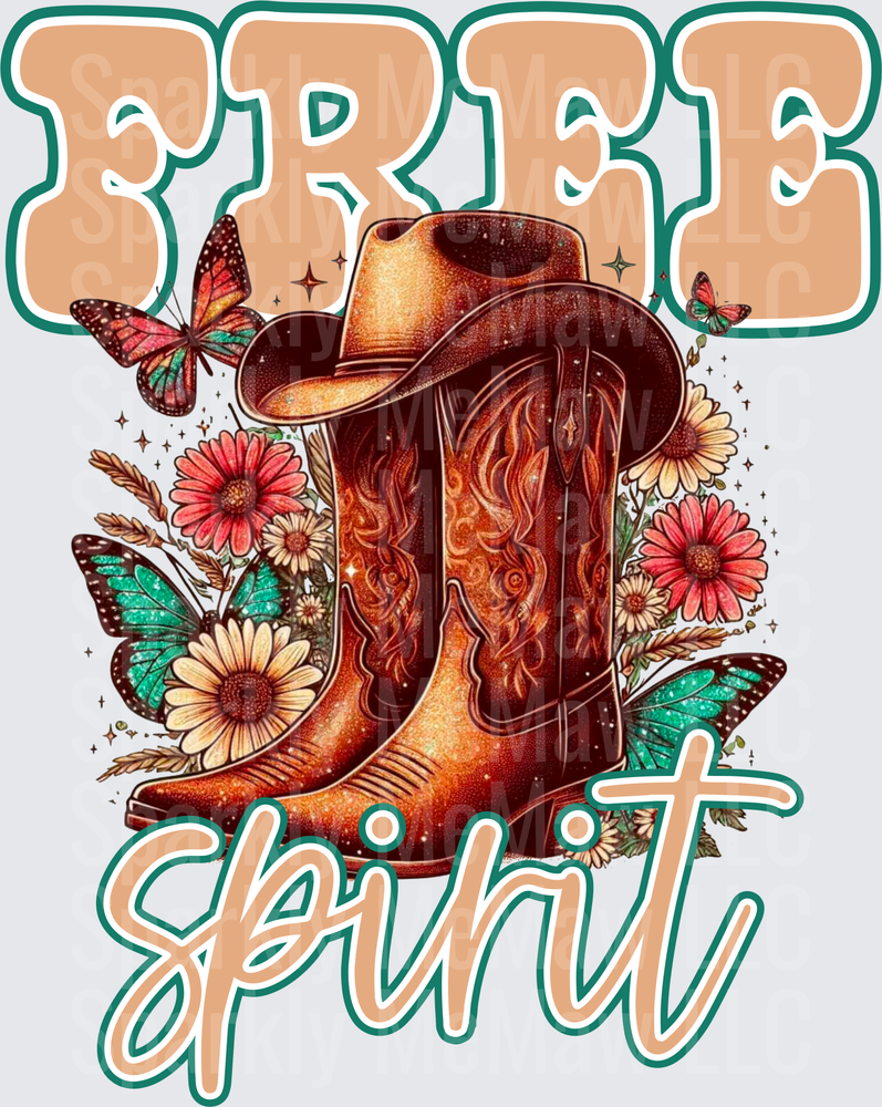 Free Spirit Cowboy Boots Hat Butterfly Wildflower Design UV DTF Decal