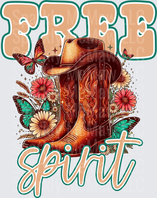 Free Spirit Cowboy Boots Hat Butterfly Wildflower Design UV DTF Decal