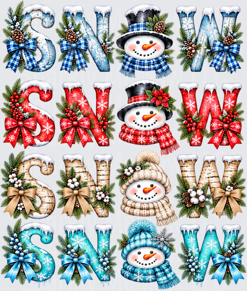 SNOW Snowman Christmas Letters DTF Transfer for Fabrics